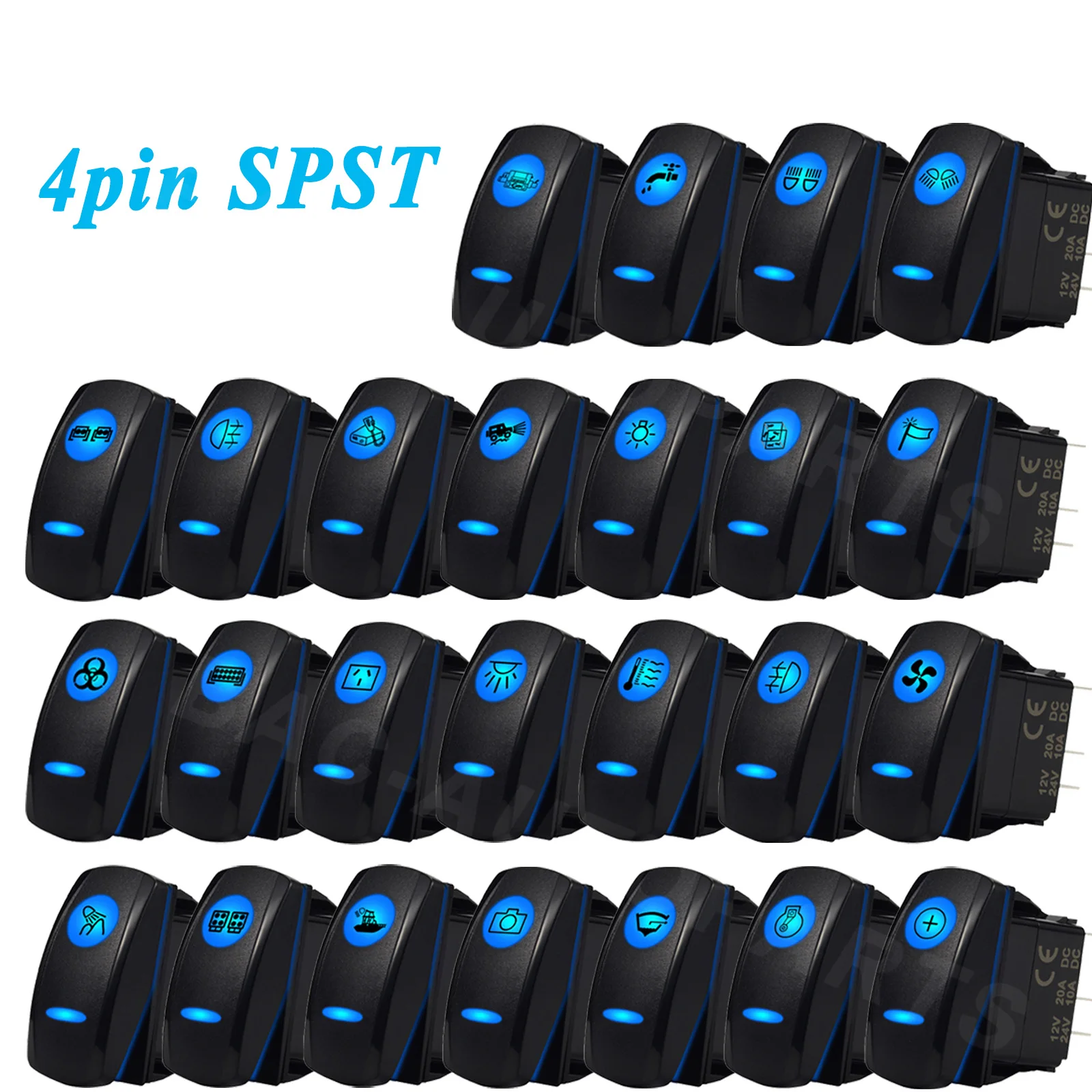 

Waterproof Rocker Switch 12V SPST ON/OFF Latching Blue LED Light for Car Boat Marine ATV Trailer Lights 4 Pin Toggle Switch 20A