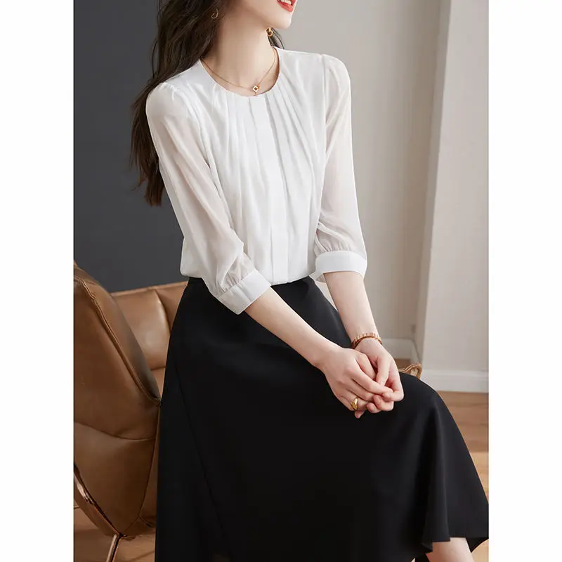 Casual White Pleated Blouse Women Classic Transparent 3/4 Sleeve O-collar Temperament All-mathc Chiffon Pullover Shirt 2023