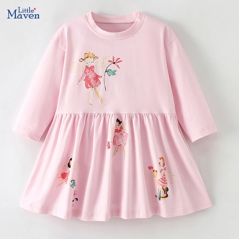 Little maven Baby Girls 2024 Autumn Kids Clothes Children\'s Clothing Cotton Long Sleeves Cartoon Fairy Princess Pink Dresses