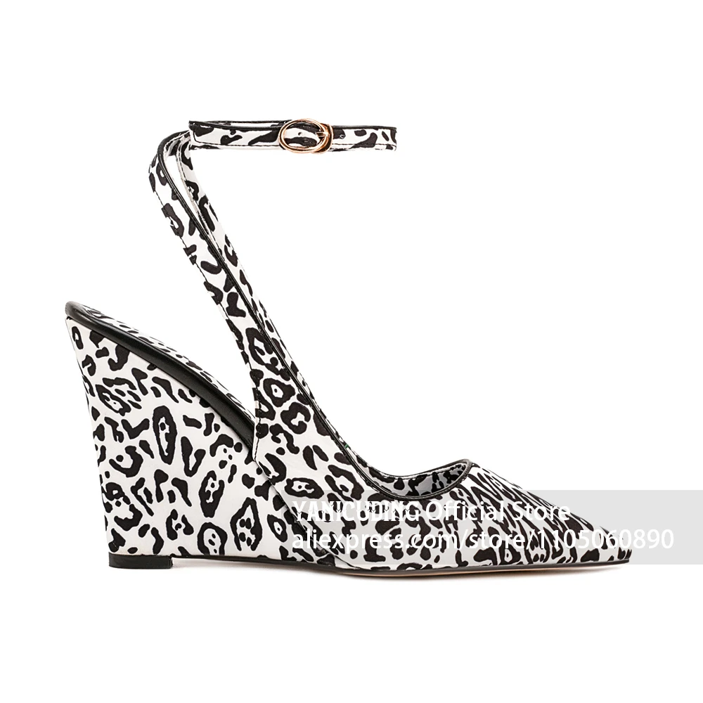 Leopard Print Ankle Strap Wedge Heel Pumps Pointed Toe Slingback Wedge Summer Shoes Sweet Cool Animal Print Ankle Strap Sandals