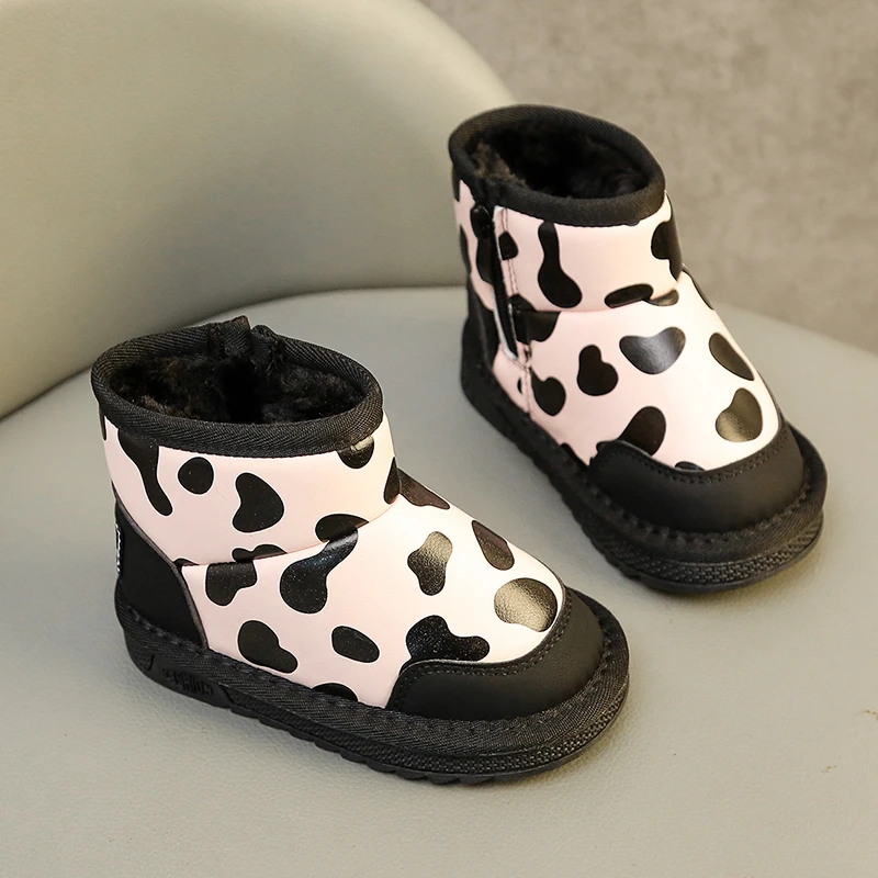 Cow Pattern Girls Boys Snow Boots Winter PU Leather Zip Children Ankle Shoes Plush Warm Non Slip Toddler Kids Boots