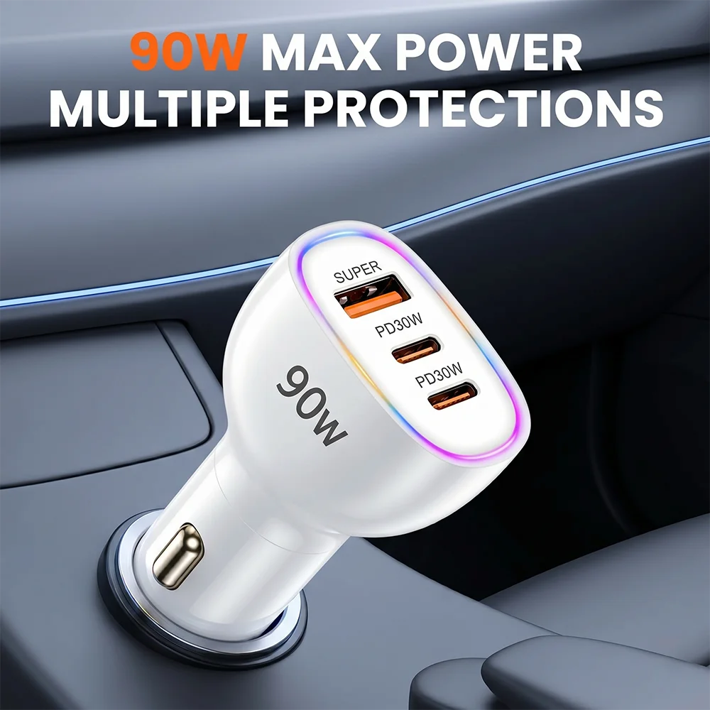 90W PD Car Charger 3 Port Fast Charging Adapter 2 Type C and 1 USB A Ports Multiple Safety Protections For 12-24V Vehicles