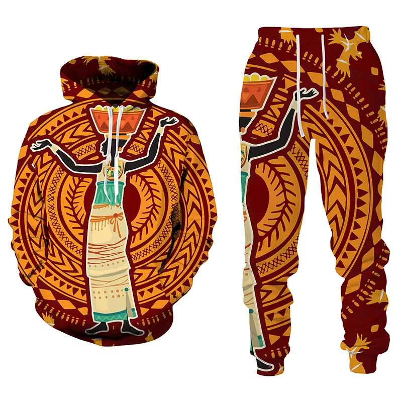 2022 yeni 3D afrika baskı rahat erkekler pantolon takım elbise çift kıyafetler Vintage Hip Hop Hoodies + pantolon erkek/kadın eşofman takımı