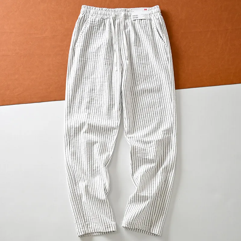 Summer Fashion Men's Thin Casual Pants Elastic Waist Bubble Texture Fast Dry Classical Striped Straight Trouser Daily Outfit
