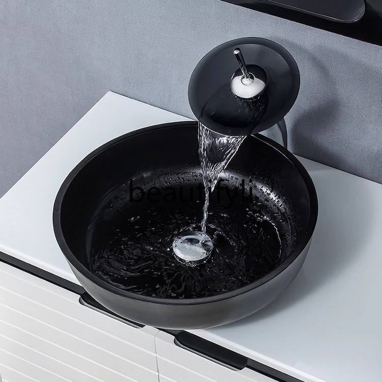 Nordic bathroom tempered glass wash basin modern simple stage basin art washbasin household pure black