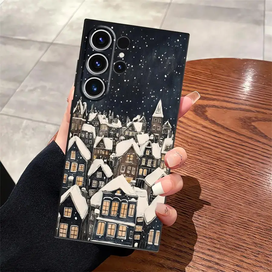 حافظة لهاتف سامسونج جالاكسي S21 FE S23 Ultra S25 Edge S20 S24 Plus غطاء هاتف ناعم أسود لأيام عيد الميلاد الثلجية