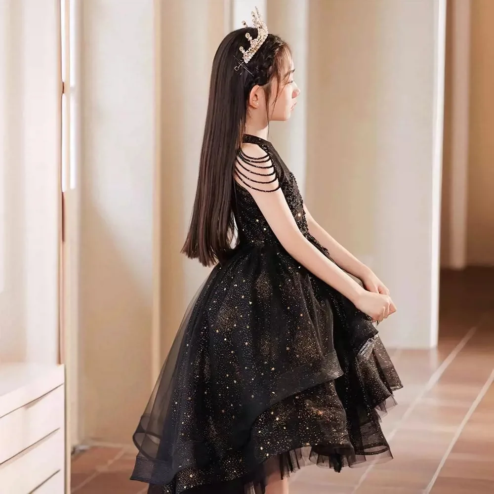 Luxurious Girls Dresses black Beading embroidery halter Ball Gown Flower Girl dress For Wedding Birthday Party Pageant dress