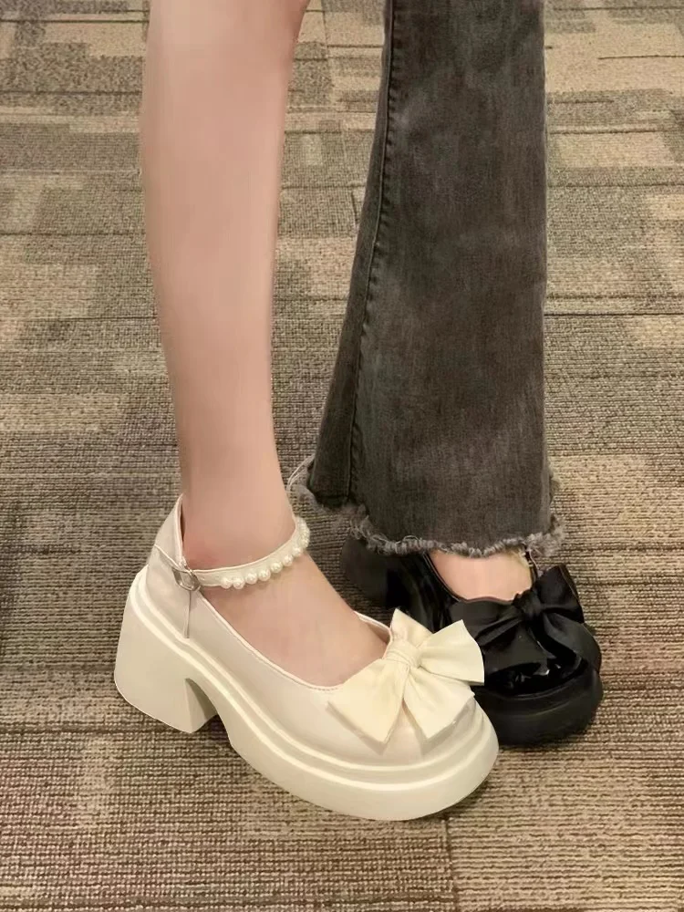 Round Toe Kawaii Lolita Shoes Woman Casual Elegant Pure Color Bow Pumps Non-slip Korean Style Medium Heel Shoes Chic Summer 2023