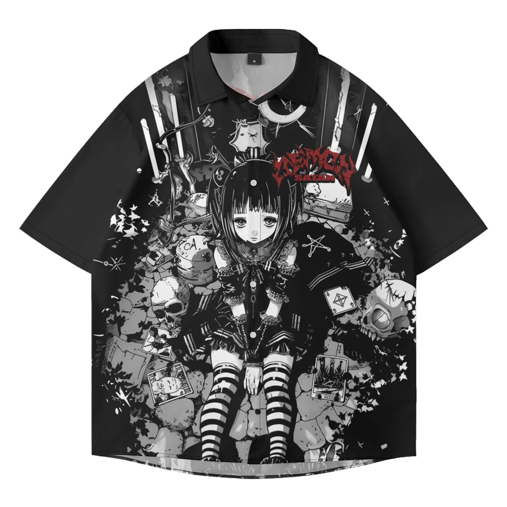 

Summer casual oversized short sleeved shirt with anime patterns, loose and trendy beach single breasted fashionable shirt