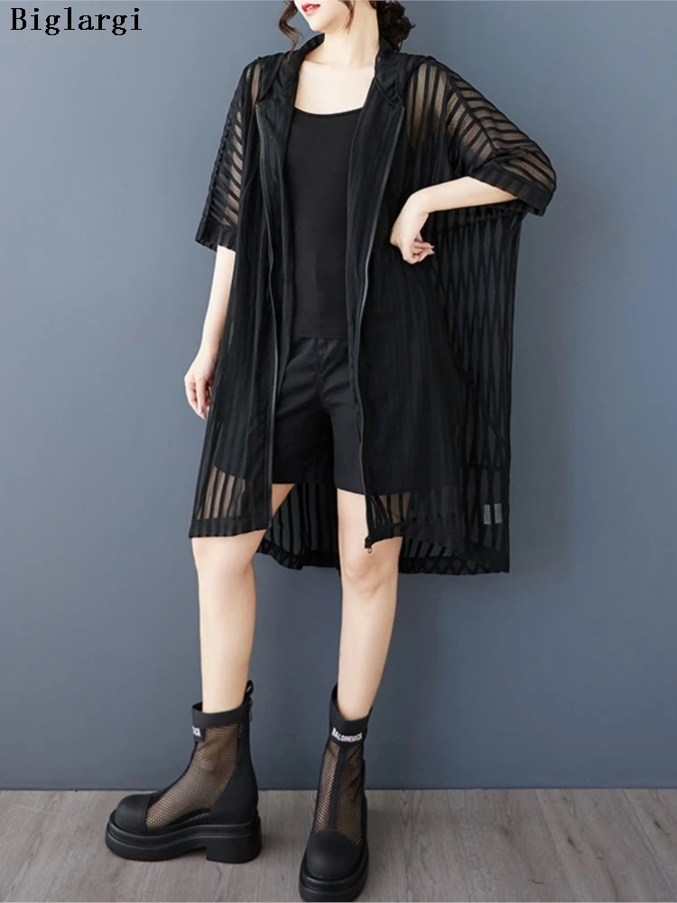 

Oversized Summer Hooded Coat Women Striped Fashion See Through Ladies Jackets Casual Loose Short Sleeve Woman Coats
