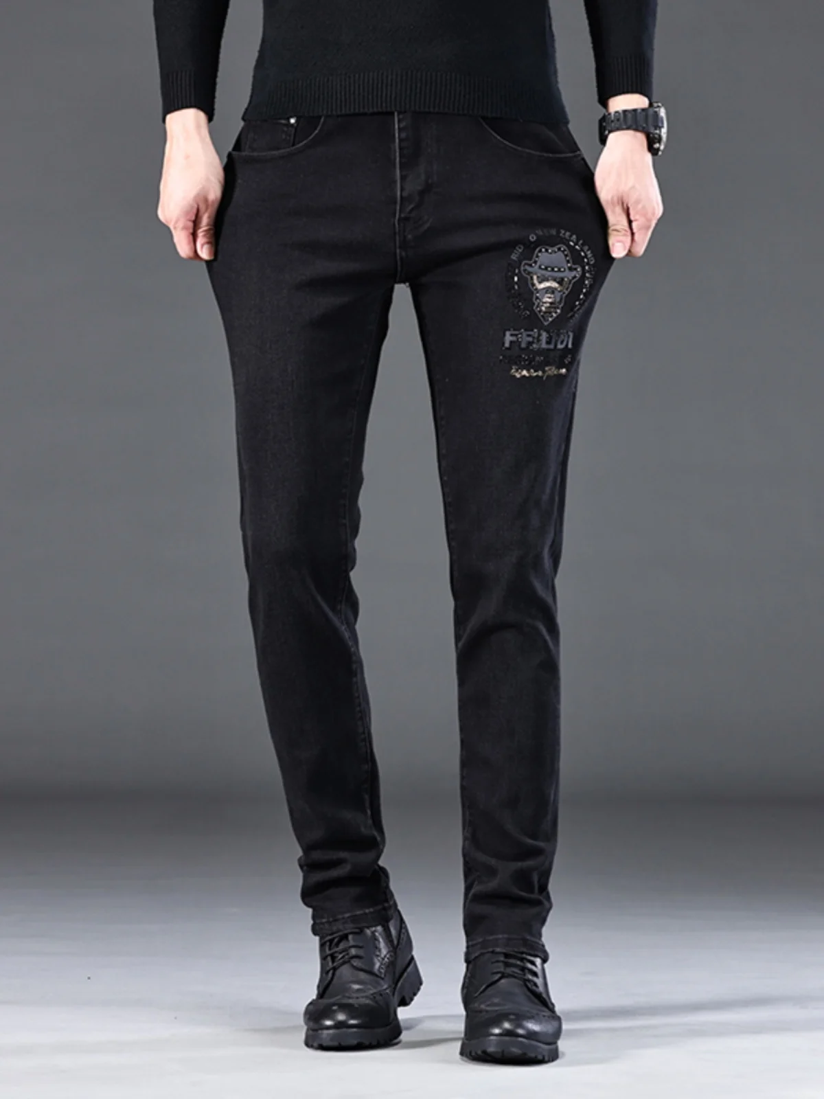 

Bla Rhinestone Slim Fit Men's Jeans Elastic Casual Autumn Winter Faion Brand Cotton Stretch Denim mid Waist Five kets