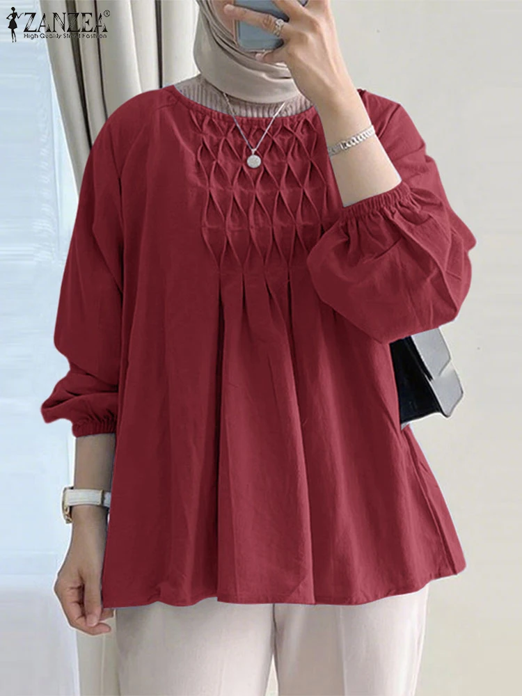 2025 ZANZEA Camicette musulmane a maniche lunghe da donna eleganti Turchia Aabya Caftano Casual O-Collo Camicia da lavoro Hijab Top Abbigliamento islamico