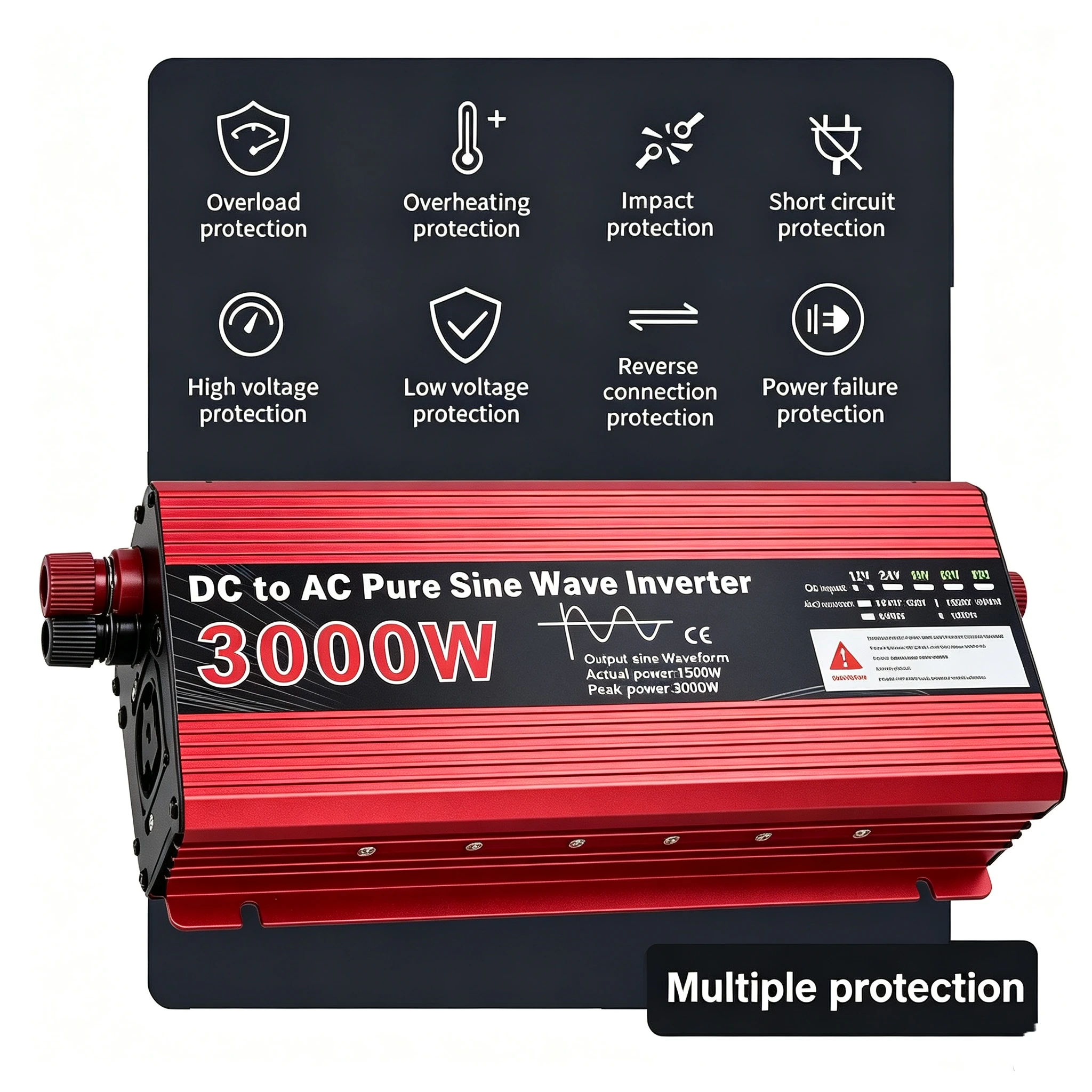 1500W Rated 3000W Peak Pure Sine Wave Inverter DC12V/24V to AC220V Digital Display Car Solar Power Converter