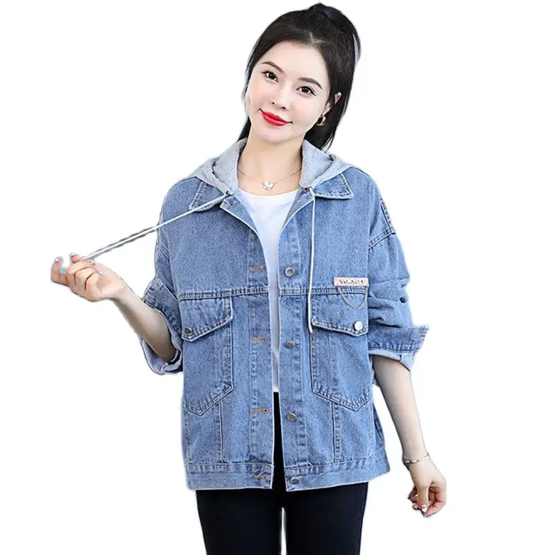 

2022 Early Spring New Korean Version Women's Loose Fashion Hooded Embroidered Short Denim Jacket Ladies Design Niche Casual Tops