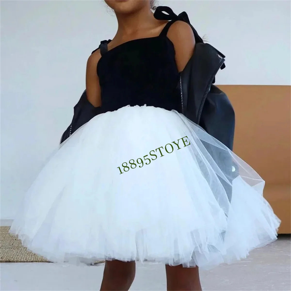 Flower Girl Dress Party Kids Birthday Knee Length Black White Contrast Color A-Line Princess Lace Short Dresses Suede Ball Gown