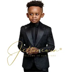Black Jacquard Boys 2-piece Suits Set Formal Wedding Party Dress Groom's Tuxedos Peaked Lapel Elegant Kid's Customized Outfit
