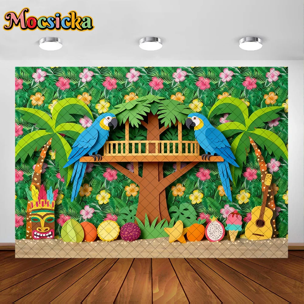 Mocsicka Summer Photography Backdrop Hawaiian Beach Parrot Totem Decoration Baby Shower Cake Smash Backgrounds For Photographs