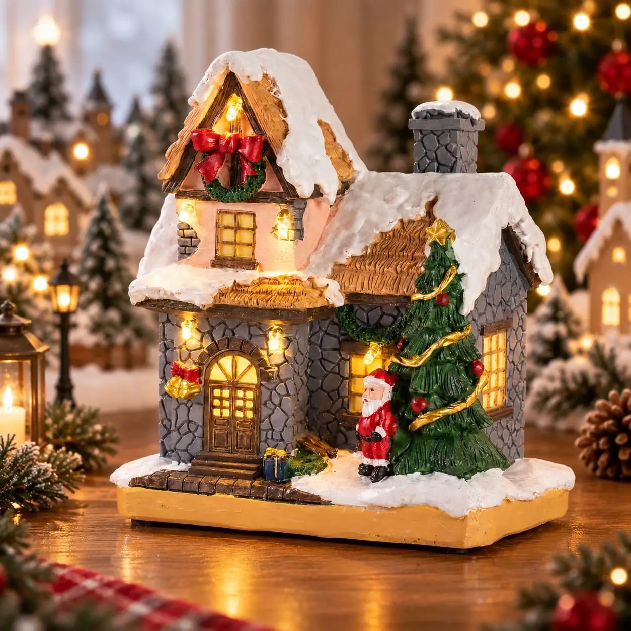 Weihnachtsdorf-Haus LED-Beleuchtete Sammlerfigur Schneehütte Weihnachtsmann Baum Tisch Weihnachts-Heimdekoration Geschenk – Detail 4