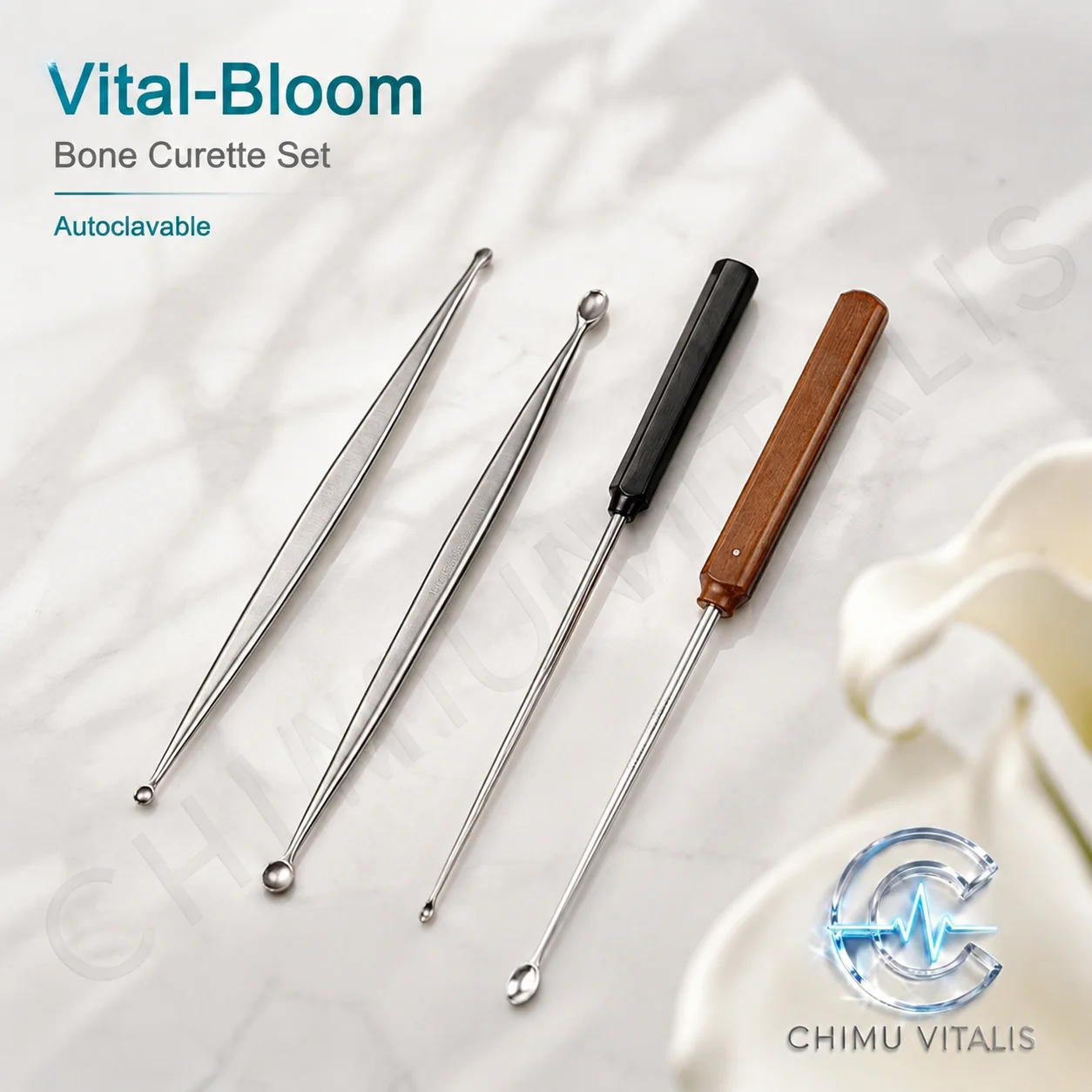 【CHIMU VITALIS】Bone Curette Spoon Instrument, Stainless Steel, Multiple Tip Sizes
