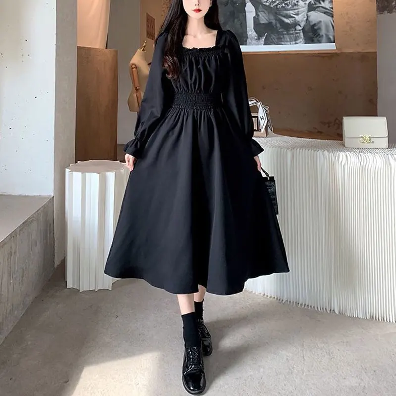 

French Style Solid Color Dresses Spring Autumn Fashionable Shirring Women's Clothing Elegant Square Collar A-Line Midi Dress New