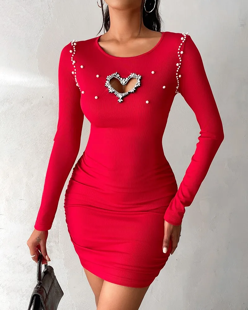 Dresses for Women New Diamond Pearl Hollow Heart Beaded Ribbed Bodycon Dress Knitted Puff Long Sleeve O-Neck Dress