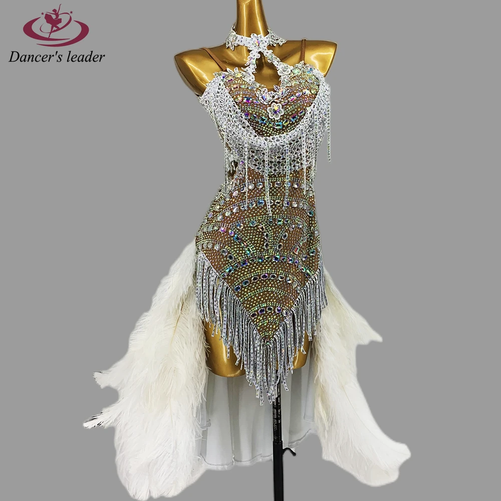 

Latin Dance Dress High-end Custom Slim Dancing Dress with Flash Diamond Feather Tail Tango Female Stage Professional Clothing