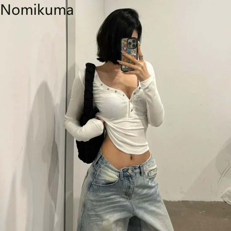 Crop Tops White Woman T shirts Sexy V-neck Long Sleeve Tunic Tees Fashion Casual Camisetas Harajuku Y2k Tshirts 2024 Ropa Mujer