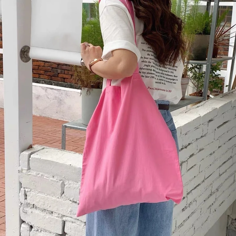 Rose Pink Canvas Bag for Women Shopping School Commuting Storage Portable Fashionable Versatile Casual Cotton Solid Color Bag