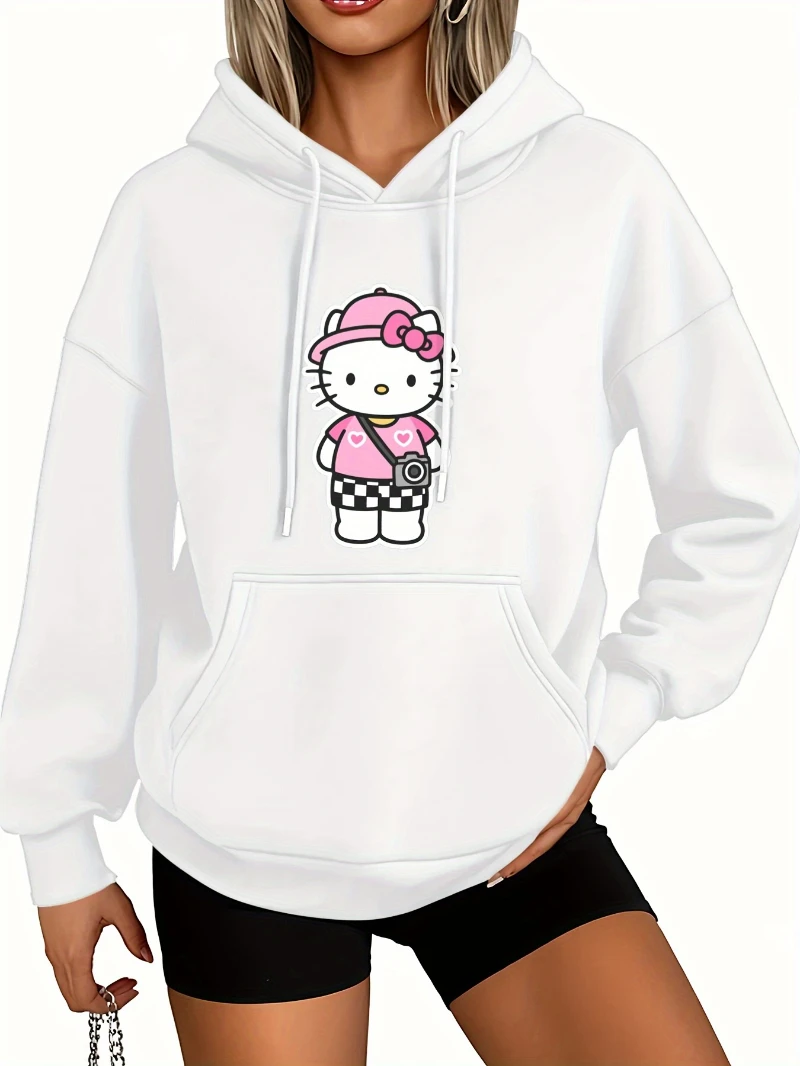 هالو كيتي هوديي الوردي القوس نمط الكاميرا فضفاضة طويلة الأكمام مناسبة للنسيج الناعم في الربيع والخريف والشتاء