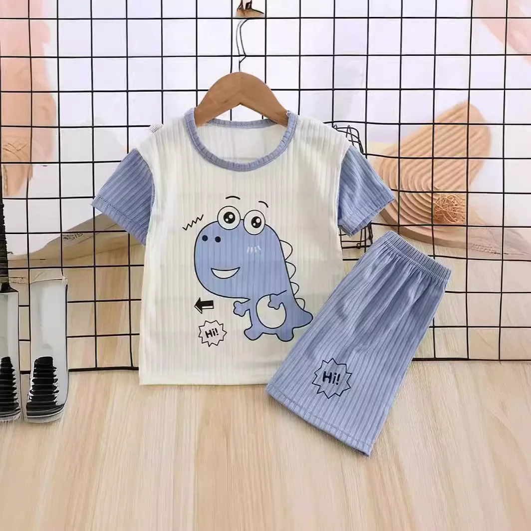 Pijama respirável para meninos e meninas dinossauro dos desenhos animados, camiseta de manga curta, tops com shorts, conjuntos de roupas infantis, verão, 2022