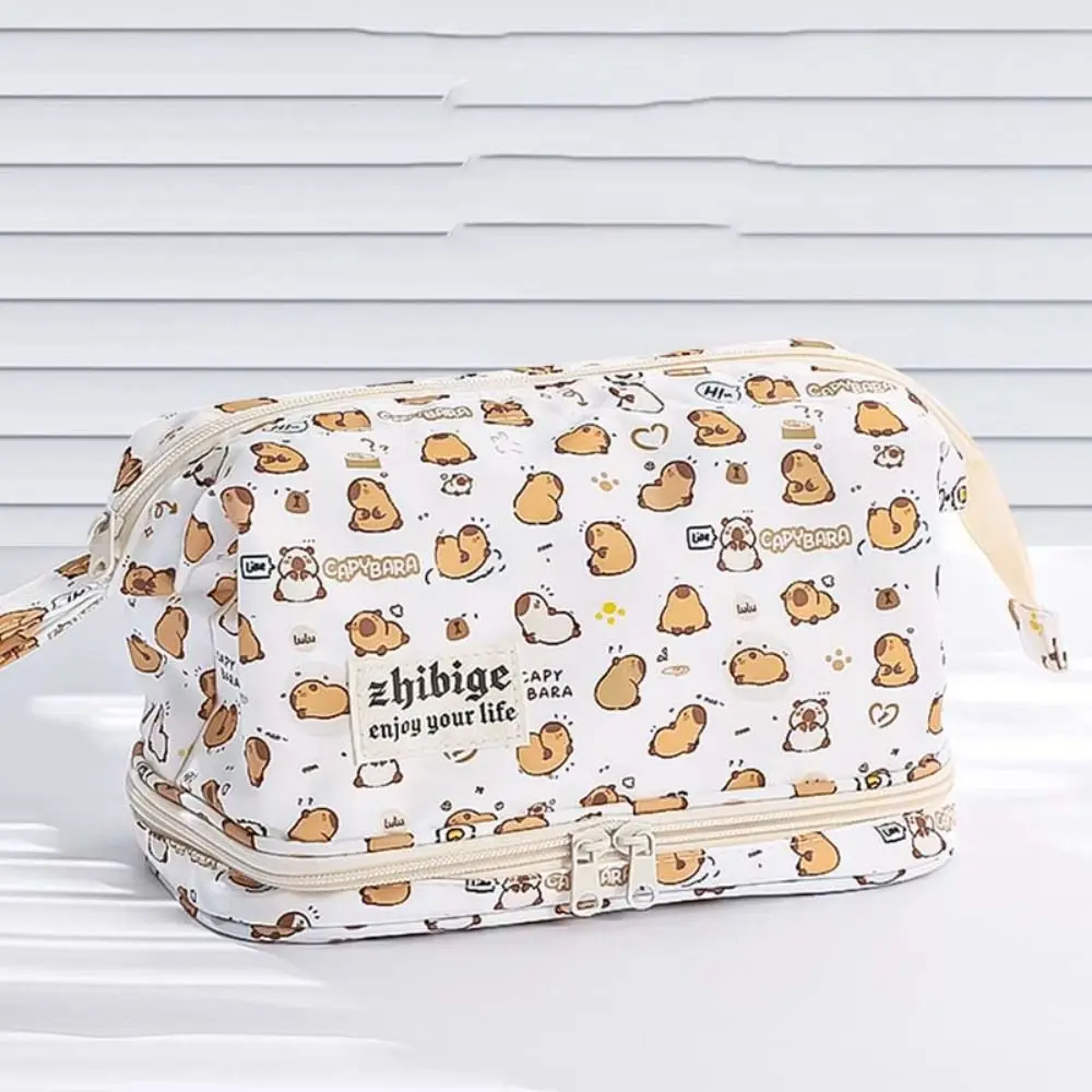 

Dog Capybara Makeup Lipstick Bag Letter Print Double Layer Capybara Travel Wash Handbag Travel Toiletry Bag Large Capacity