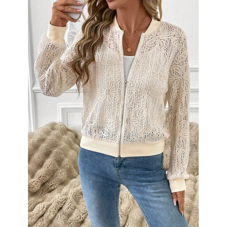Women's Elegant Hollow Flower Lace Zipper Jacket Long Sleeved Pleated Transparent Crochet Cardigan Casual Daily Thin Outer Top