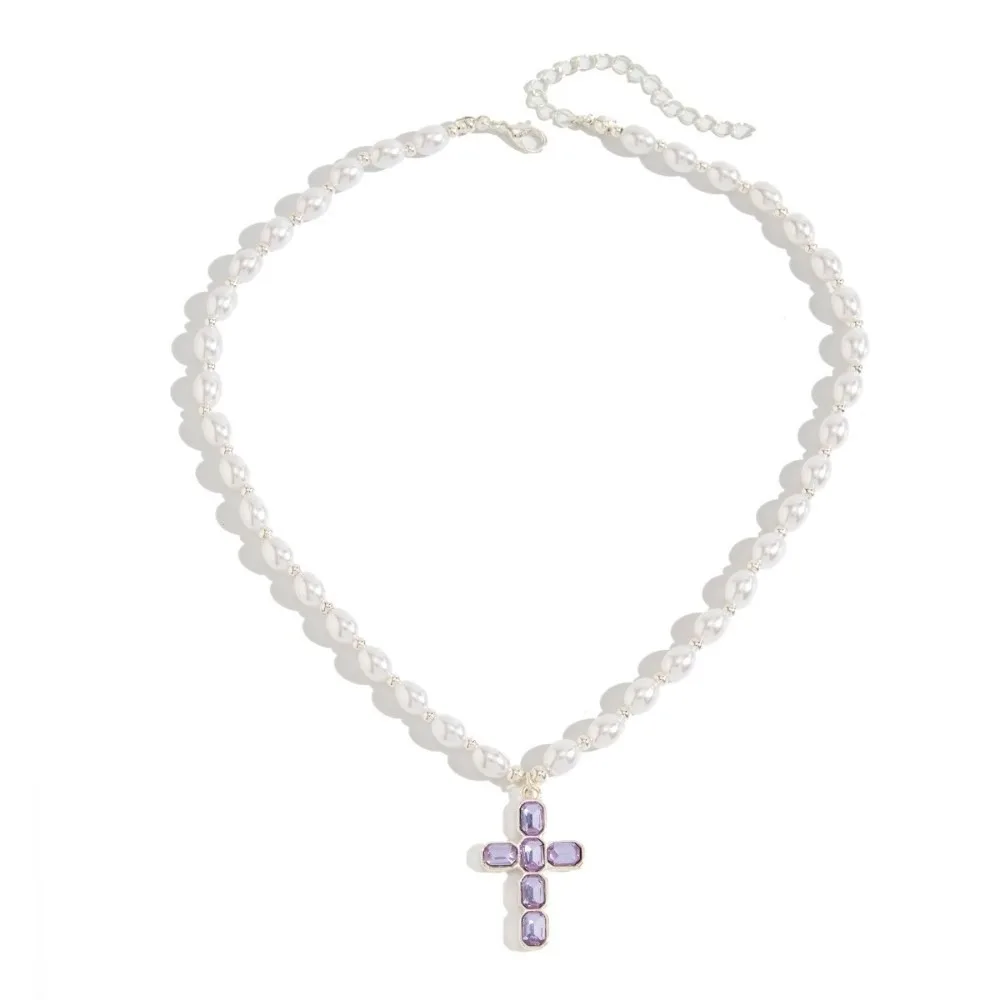 New Cross Pendant Pendant Necklace Pearl Bead Silver Tone Choker Chain Ins Style Blue Crystal Neck Ornament Date Look