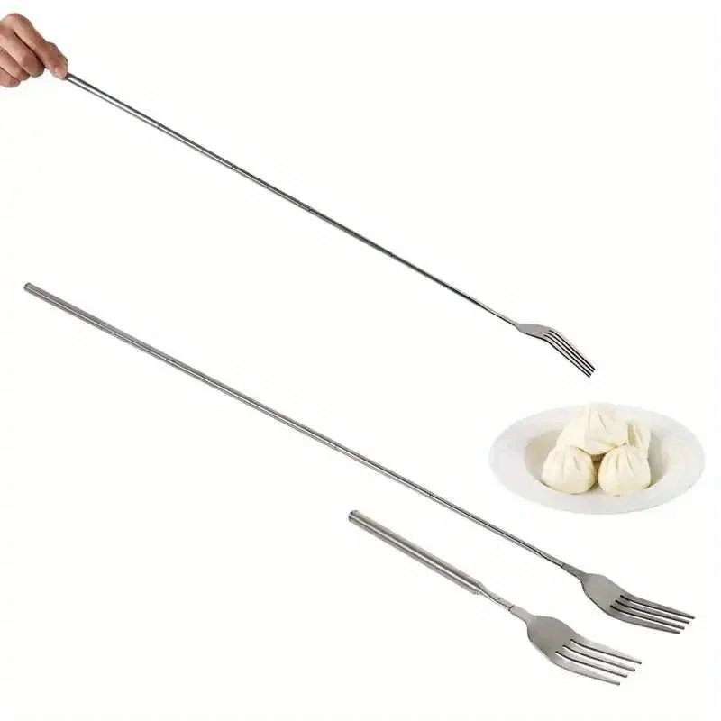 Silver Retractable Extendable Fork - Long Handle Stainless Steel Utensil for BBQ, Dessert, Fruit, Ideal for Autumn Winter Dining