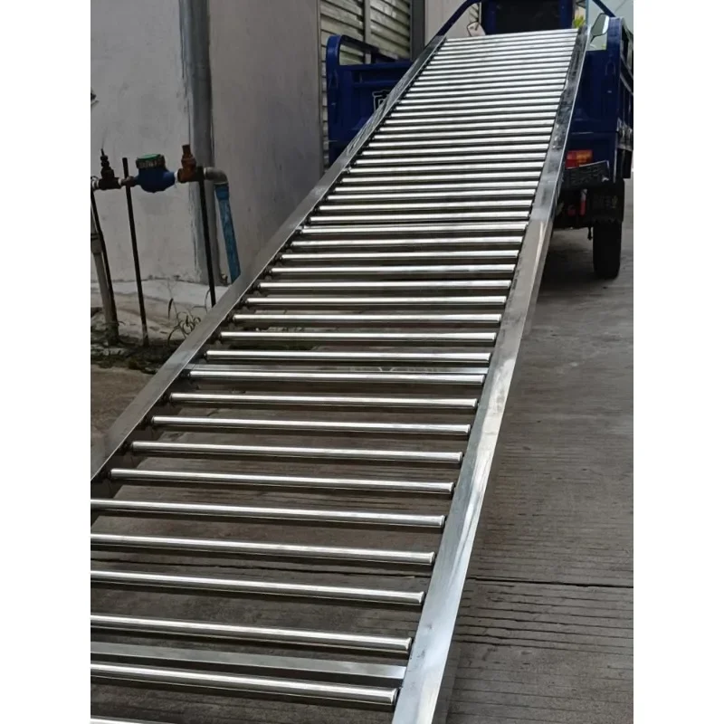 Slide with galvanized roller conveyor unloading unpowered pulley