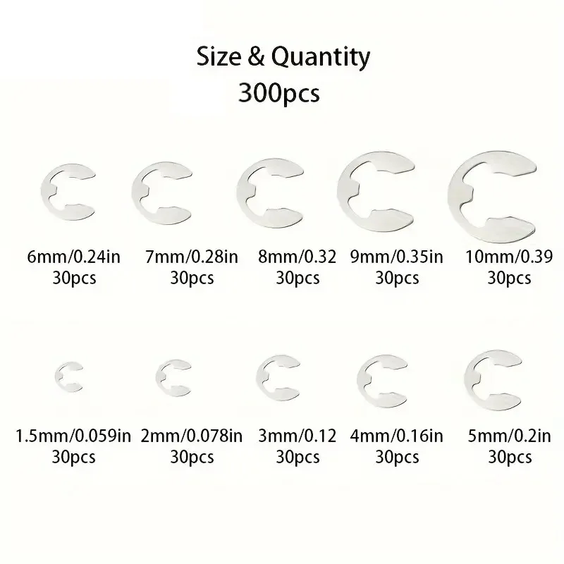300PCS 304 Stainless Steel E Shape Open Spring Clip C Shape Retaining Ring Assortment
