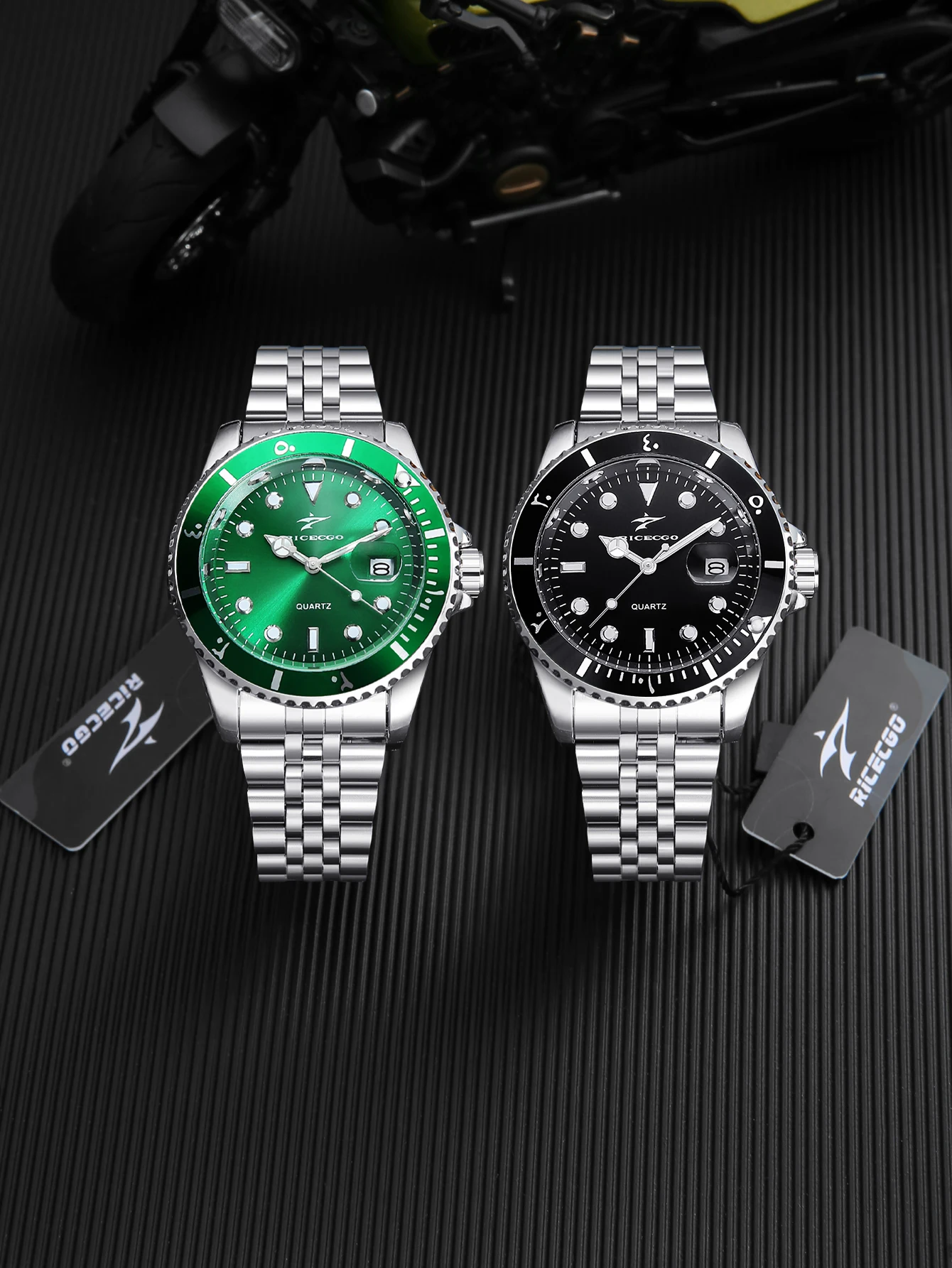 RICECGO Men's Steel Strip Quartz Watch Night Light Hands Sports and Leisure Watch Black Green Disc Calendar Men's Watch