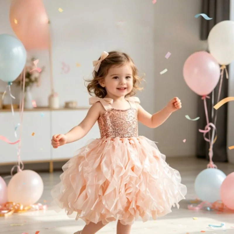 

New Year Princess Puffy Dress with Double-Layer Spiral Striped Skirt, Girls' Formal Gown for Festivals and Birthday Banquets