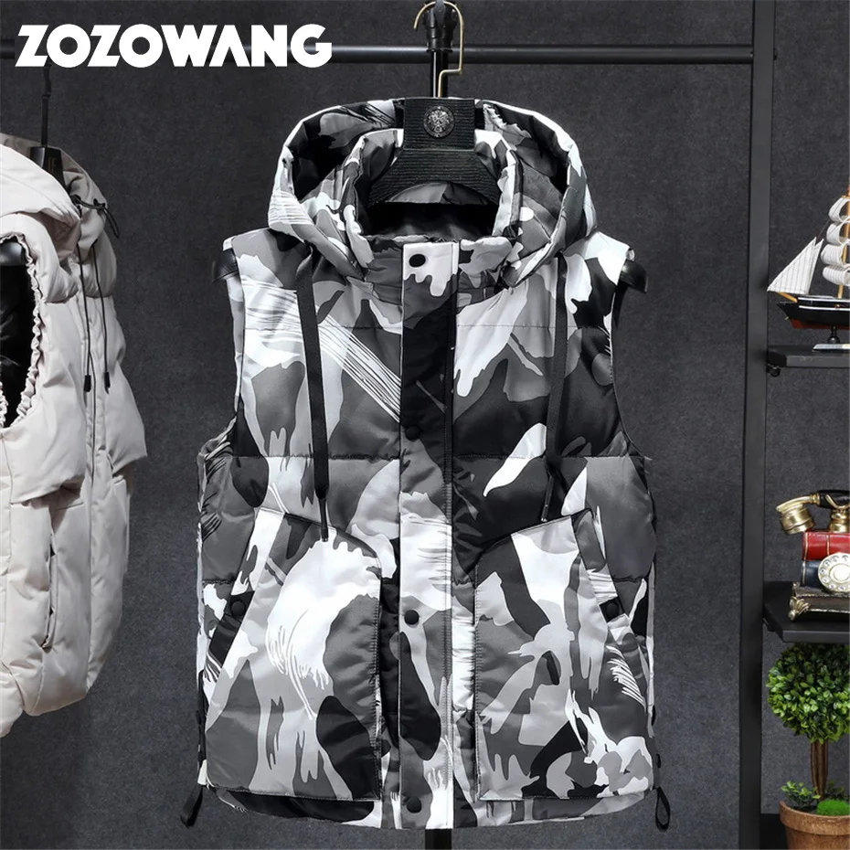 ZOZOWANG Camouflage Vest Men Winter Thick Vests Plus Size 8XL Sleeveless Jacket Male Casual Hooded Camo Vests Big Size 8XL