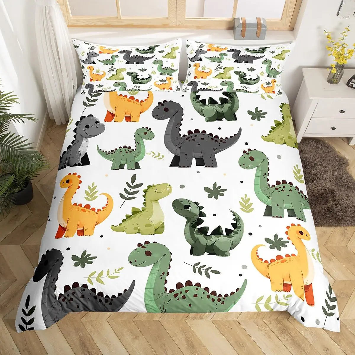 Cartoon Dinosaur Bedding Set Cute Dino Duvet Cover Set for Boys Teens Bedroom Decor Wildlife Jungle Animal Comforter Cover Set