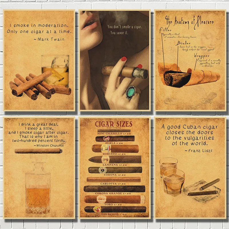 Vintage Nostalgic Cigar Size and Whiskey American Nostalgic Kraft Paper Poster Pictures Cigar Bar Club Wall Art Home Decor