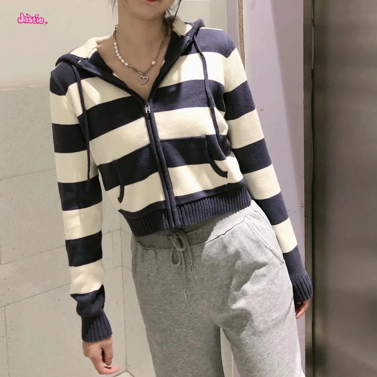 Navy Blue Stripe Zipper Knitting Hoodie Slim Sweet Winter Sweater Cotton Blend Pocket Women Jackets Autumn Tops 2025 New