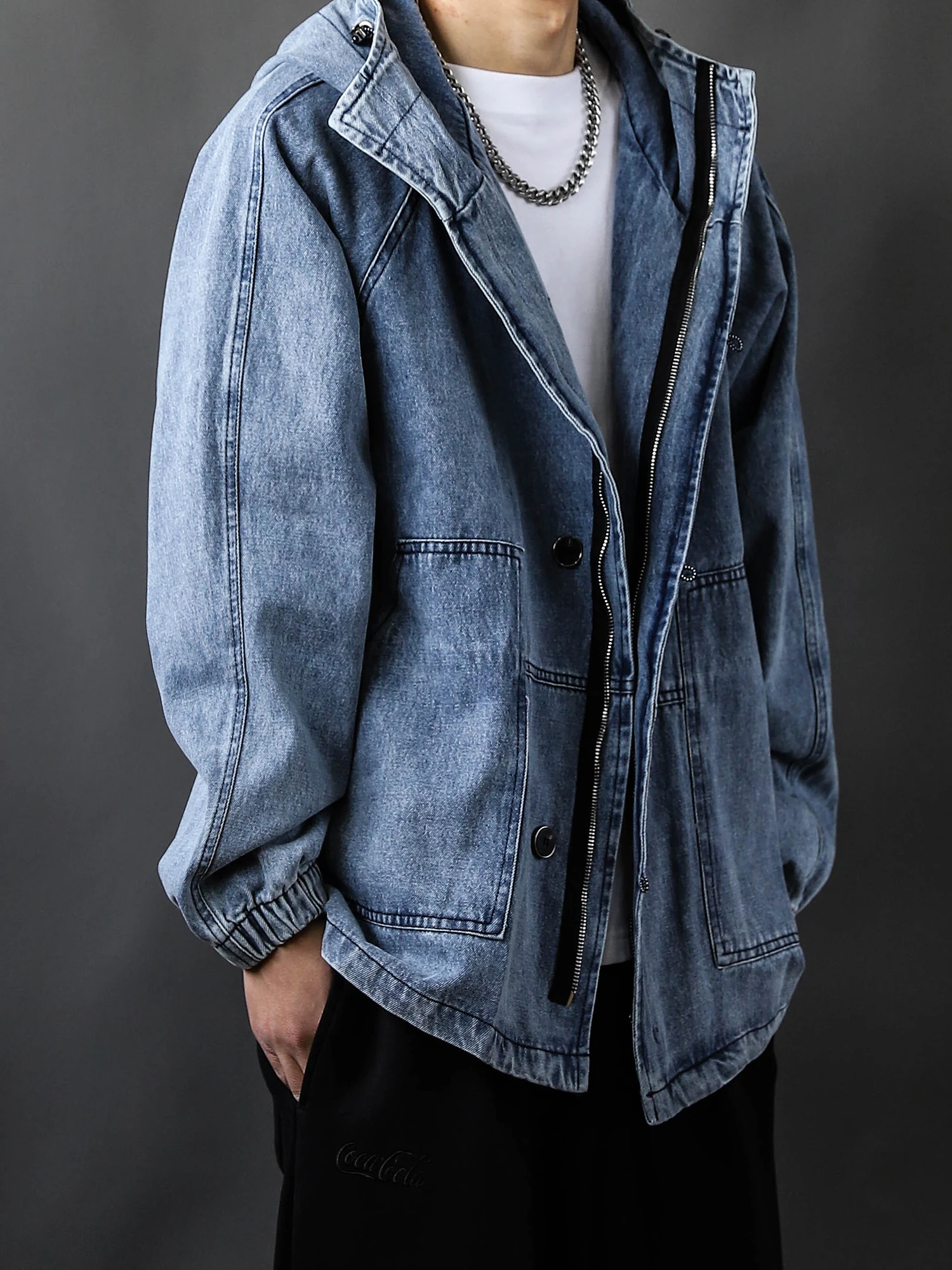 

Retro American Waed Denim Jaet Hooded Long Sve Loose Fit Autumn New Arrival Men's Casual Sle Stand Length Coat