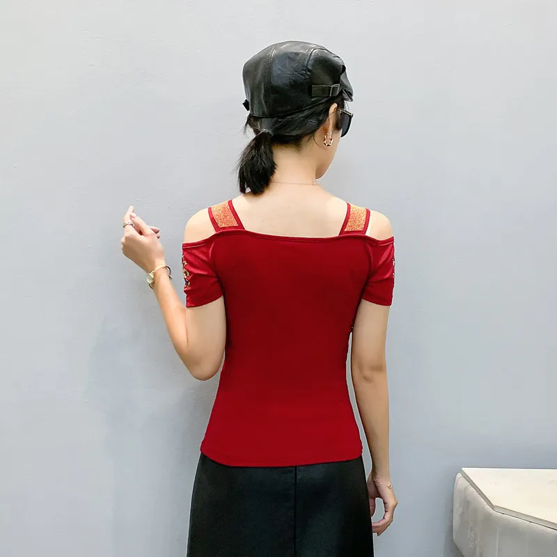 New Summer European Clothes Women's T-Shirts Luxury Butterfly Hot Diamonds Tees Sexy Streetwear Off Shoulder Tops Shirt