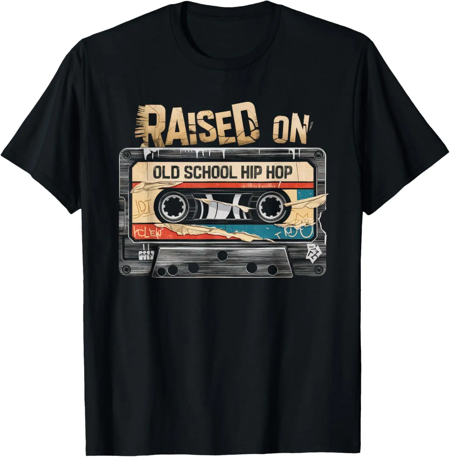 

RAISED ON OLD SCHOOL HIP HOP Tshirt Cassette Graffiti Rap T-Shirt