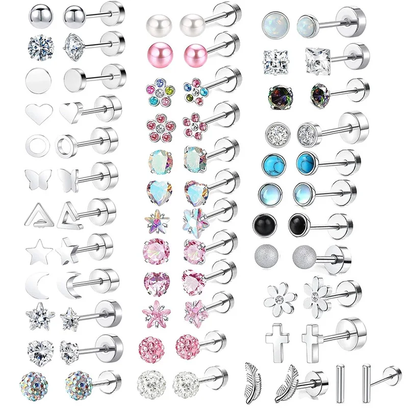 Stainless Steel Hypoallergenic Heart Moon Earbone Stud Screw Ball Stud Earrings for Women Fashion Ear Cartilage Body Piercing