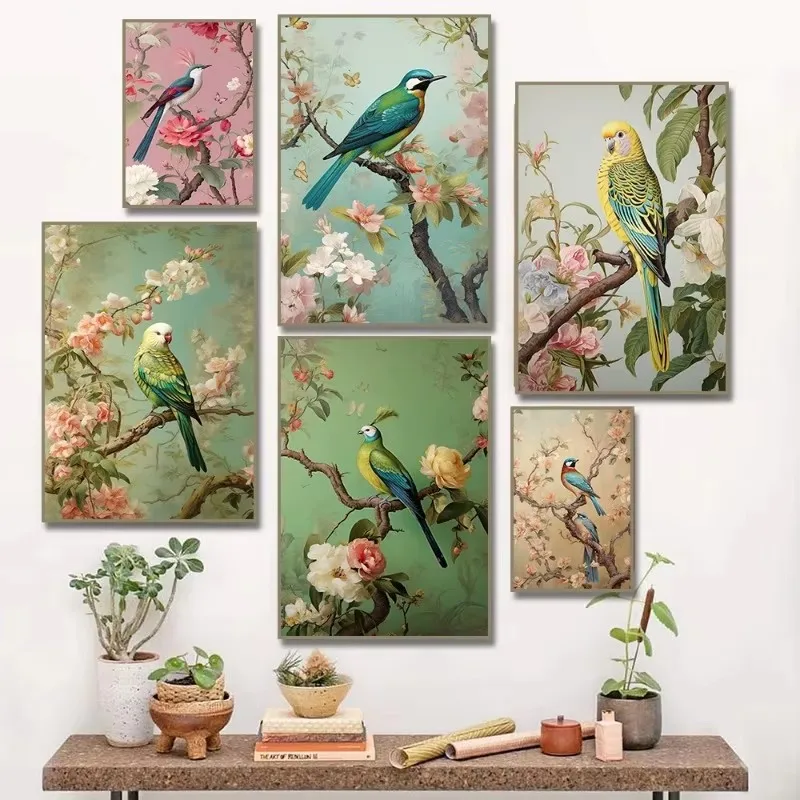 1pc frameless canvas Chinese Style Flower Bird Poster Parrot Cockatiel Budgie  Bird Wall Art Prints Picture for Living Room Home