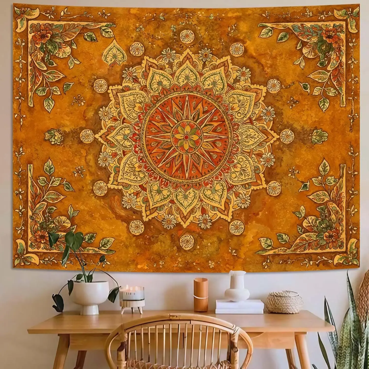 Aesthetic Boho Mandala Tapestry, Vintage Orange Floral Wall Hanging, Ethnic Bohemian Tapestry for Bedroom Living Room Dorm