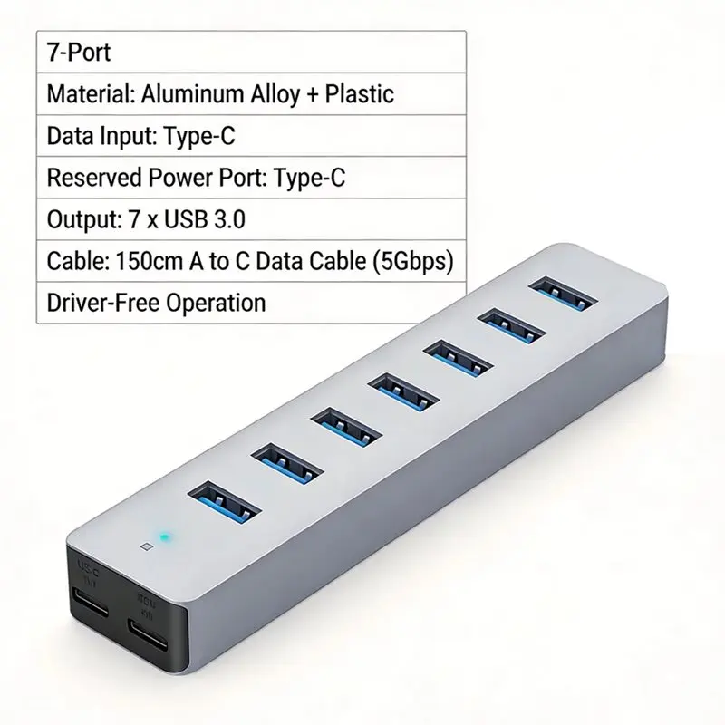 USB Hub 7 Ports Multi-Function Desktop Adapter Powered Splitter For Laptop, Phone, PC, And More Device