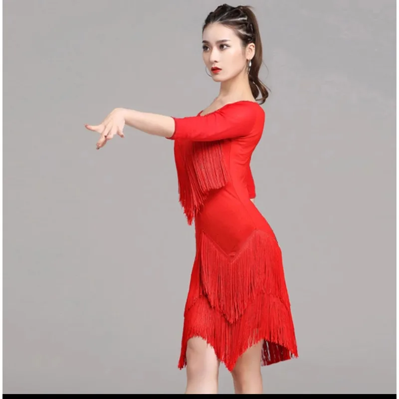 Customized Latin Dance Practice Performance Dress Adult Women\'s Tassel Dress National Standard Dance Competition Dress faldas